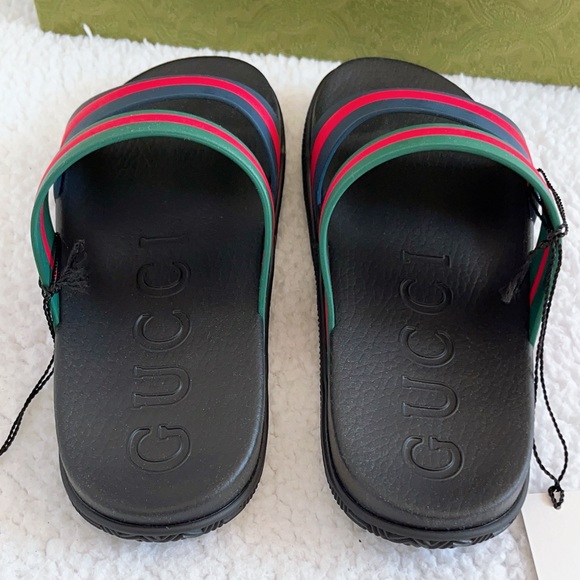 Authentic Gucci Men's Agrado Rubber Double Strap Stripe Slides Sandals - Picture 11 of 16